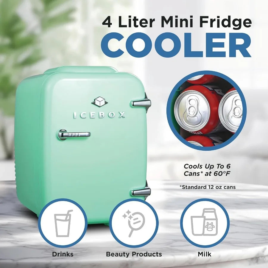 Mini Fridge for Bedroom Refrigerator Portable Cooler Warmer for Makeup Office Home Mini 4L 6-Can Mint Green