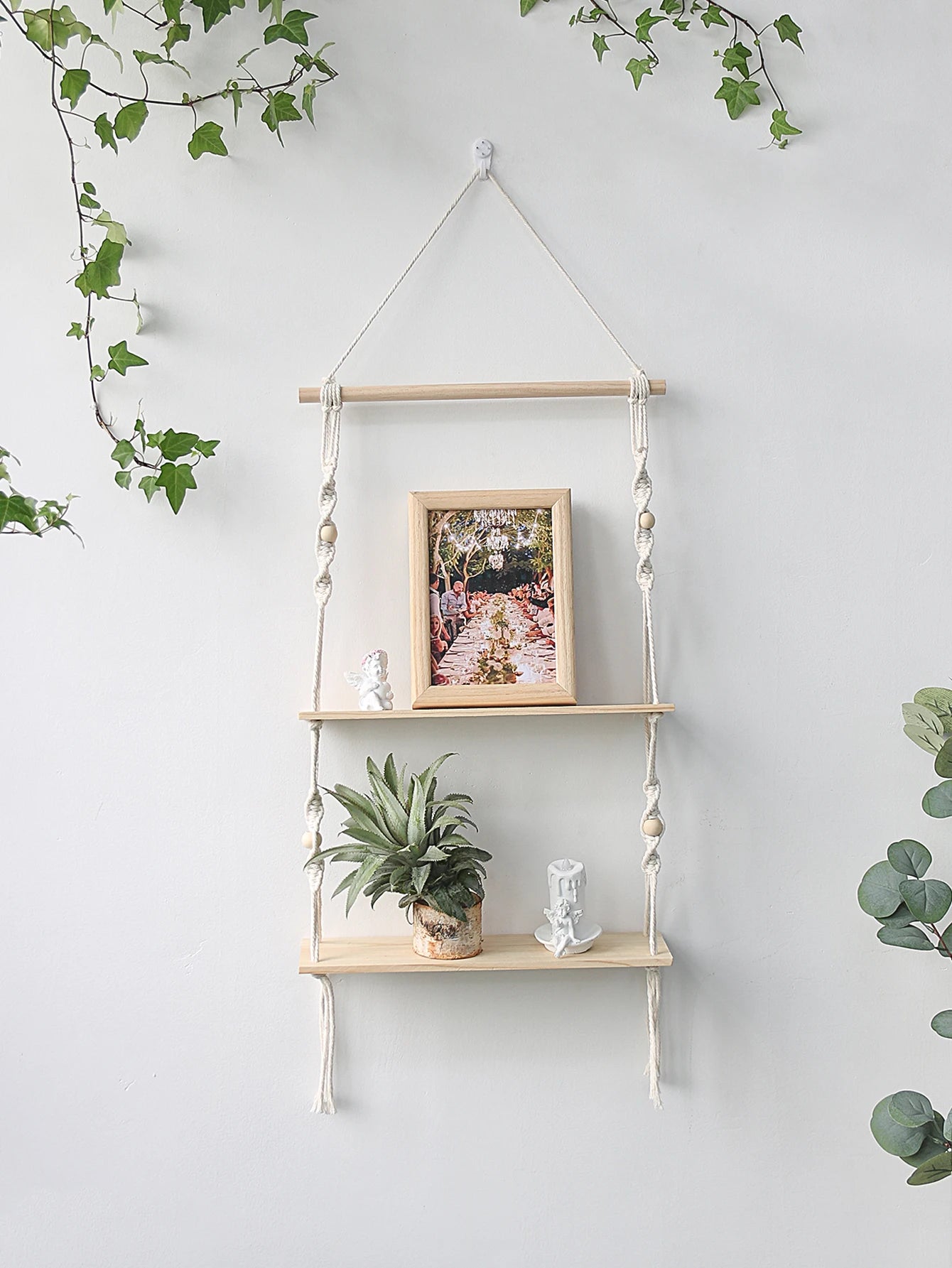 Wooden Wall Shelf Macrame Display Stand Boho Art Home Decoration Floating Shelf Nordic Wall Decor Living Room Nursery Aesthetics