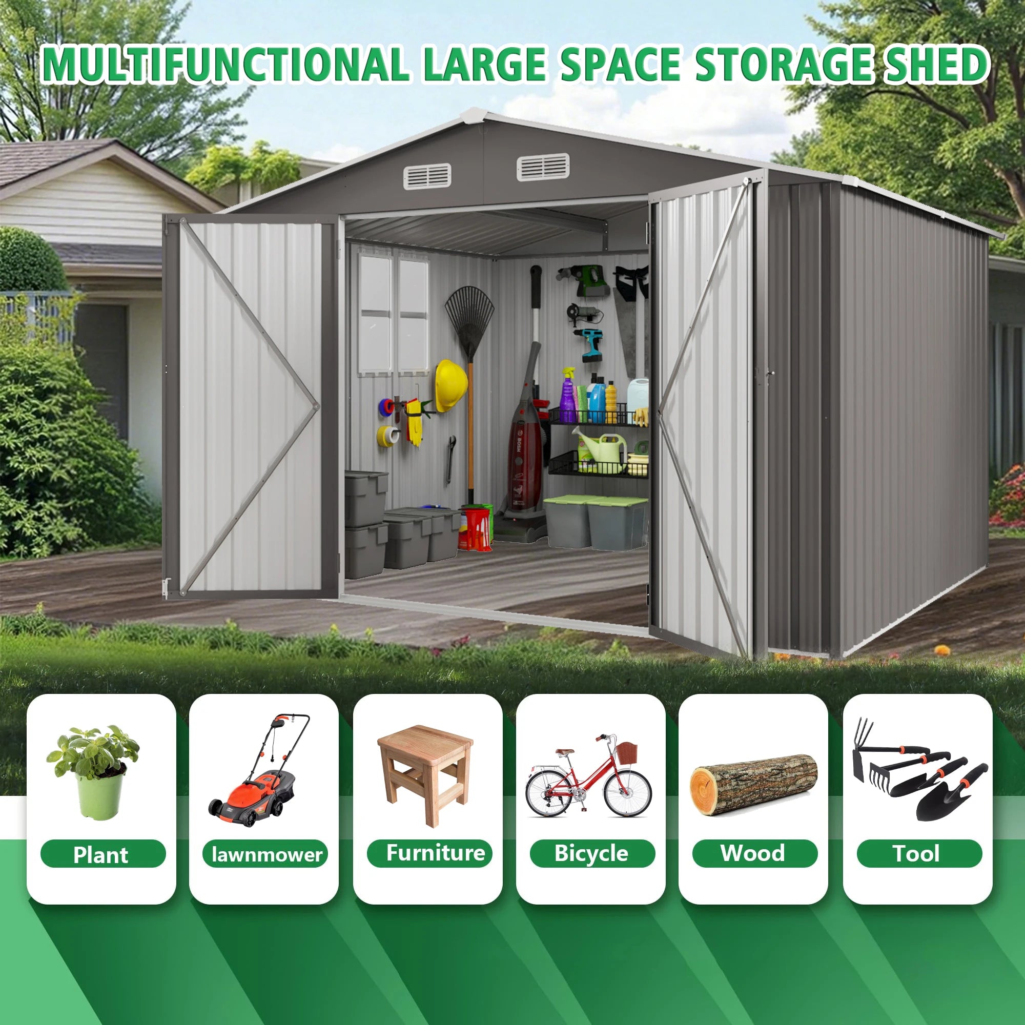 SUSUA10x12FT Outdoor Storage Shed  Metal Garden Shed with Double Door Two Window Waterproof Tool Shed for Backyard Patio Lawn