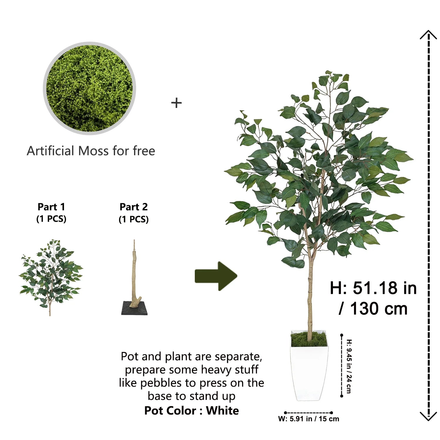 4.27ft Artificial Ficus Banyan Tree with Plastic Pot morden Indoor ornament fake plant for home Garden balcony living room decor