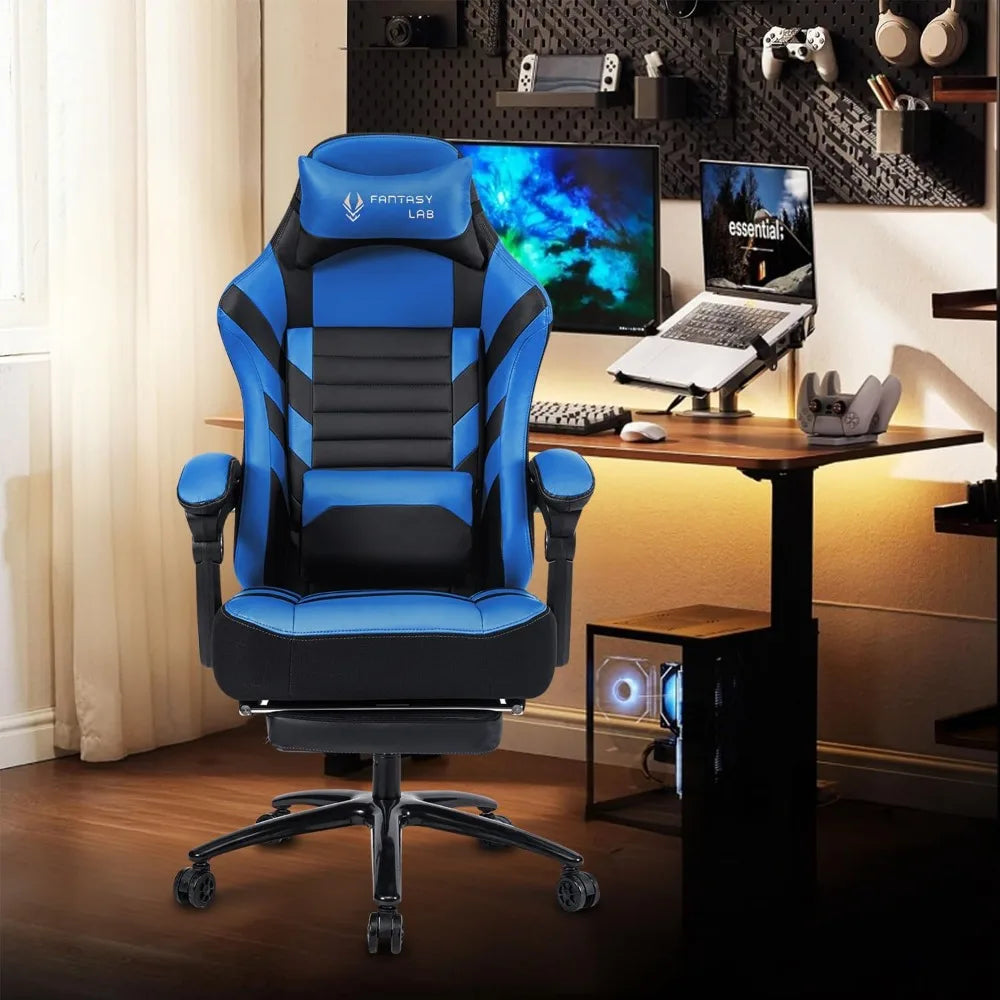 Big & Tall Gaming Chair with Footrest, 400lb Capacity, Massage Feature, Memory Foam, Adjustable Tilt, High Back Leather, Ergono