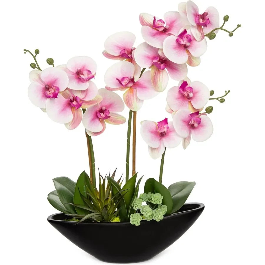 17inch Pink Orchid Fake Flowers with Black Pot Artificial Silk Orchid Arrangement for Home Office Bathroom Table Centerpiece Mo