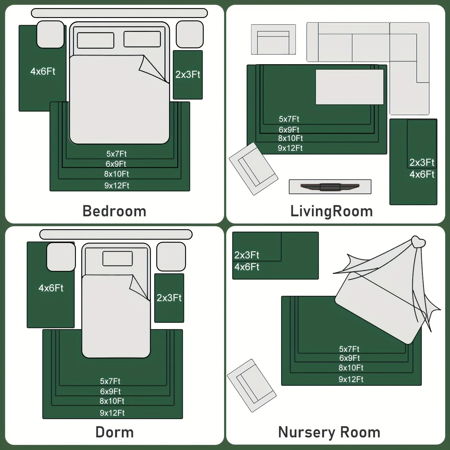 Dark Green Soft Shaggy Non-Slip Rugs for Living Room/Bedroom/Nursery – Luxury Plush Carpet with 4 Rug Stickers, Ideal Room Decor