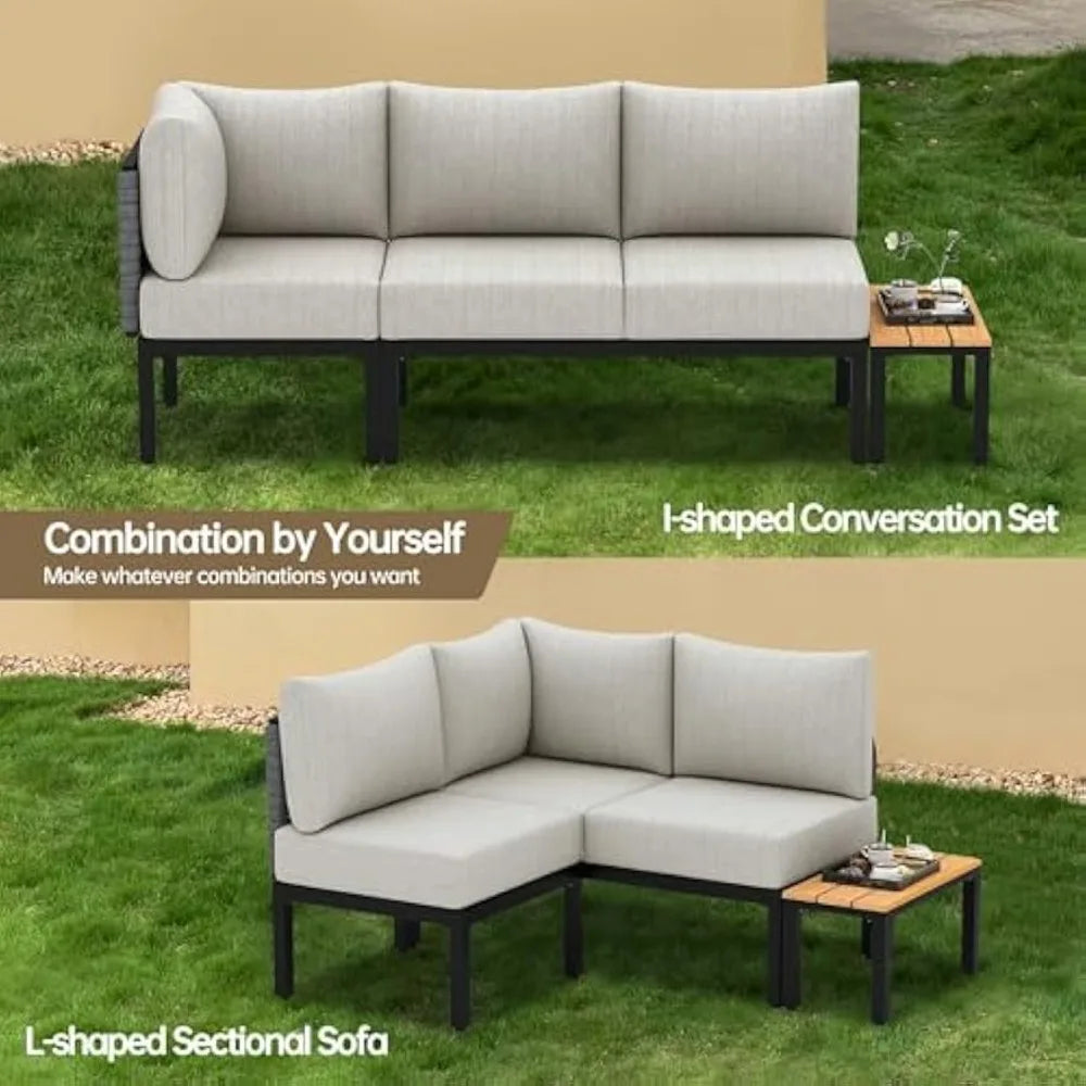 4 Piece Patio Conversation Set, Outdoor Sectional Furniture with Loveseat, Single Chair, 6" Washable Cushions, Beige