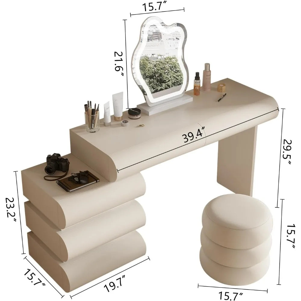 Makeup Vanity Desk with Mirror and Lights, Luxury Vanity Set with Side Cabinet, Microfibre Leather Wrapped Dressing  Table