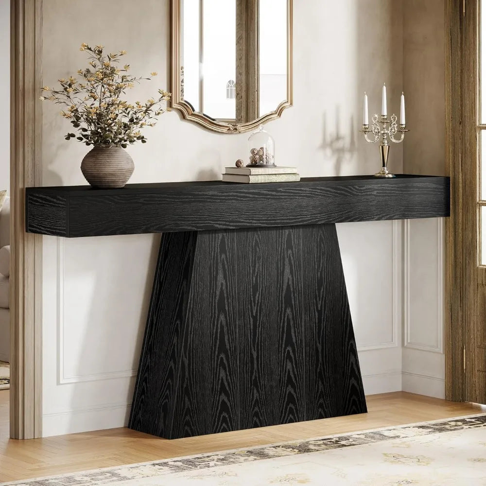 63 Black Console Table, Farmhouse Entryway Table with Trapezoidal Base, Narrow Long Wood Sofa Table Behind Couch