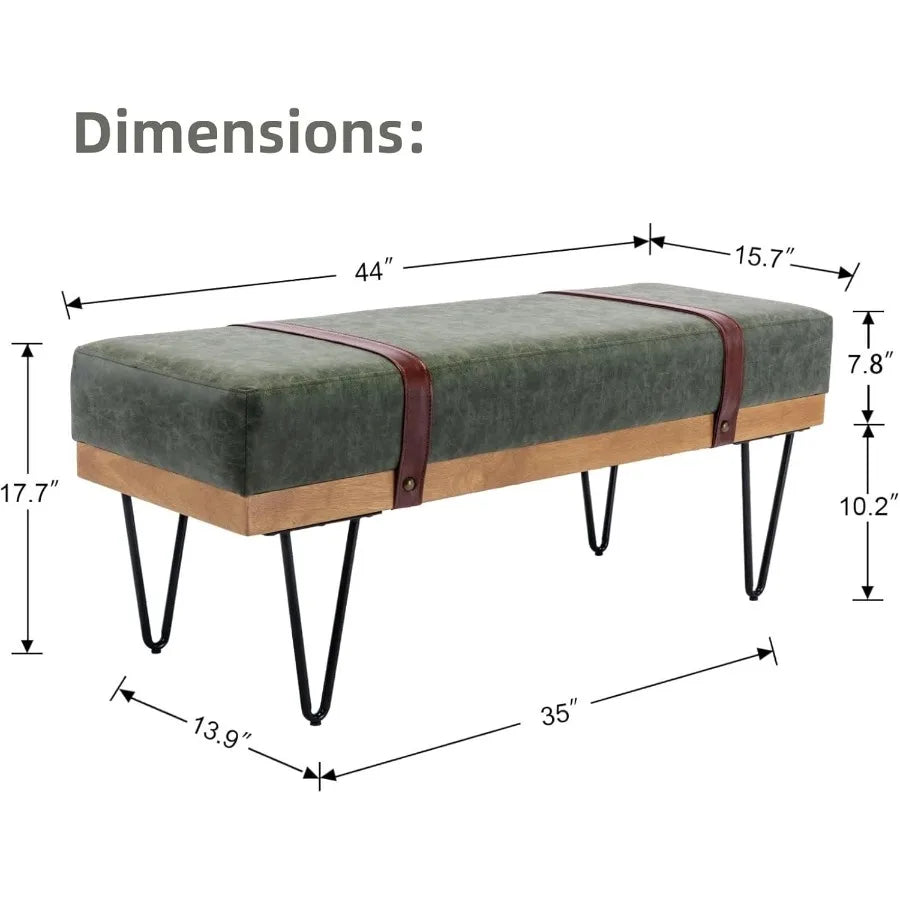 Green PU Leather Storage Ottoman Bench – 44″ with Industrial Hairpin Legs