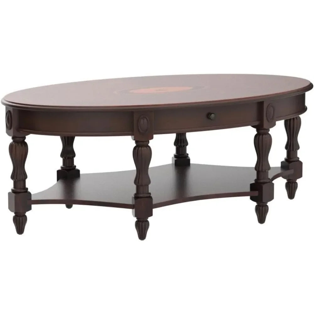 Cherry Solid Wood Oval Coffee Table – Victorian Antique Vintage Style with Storage Drawer