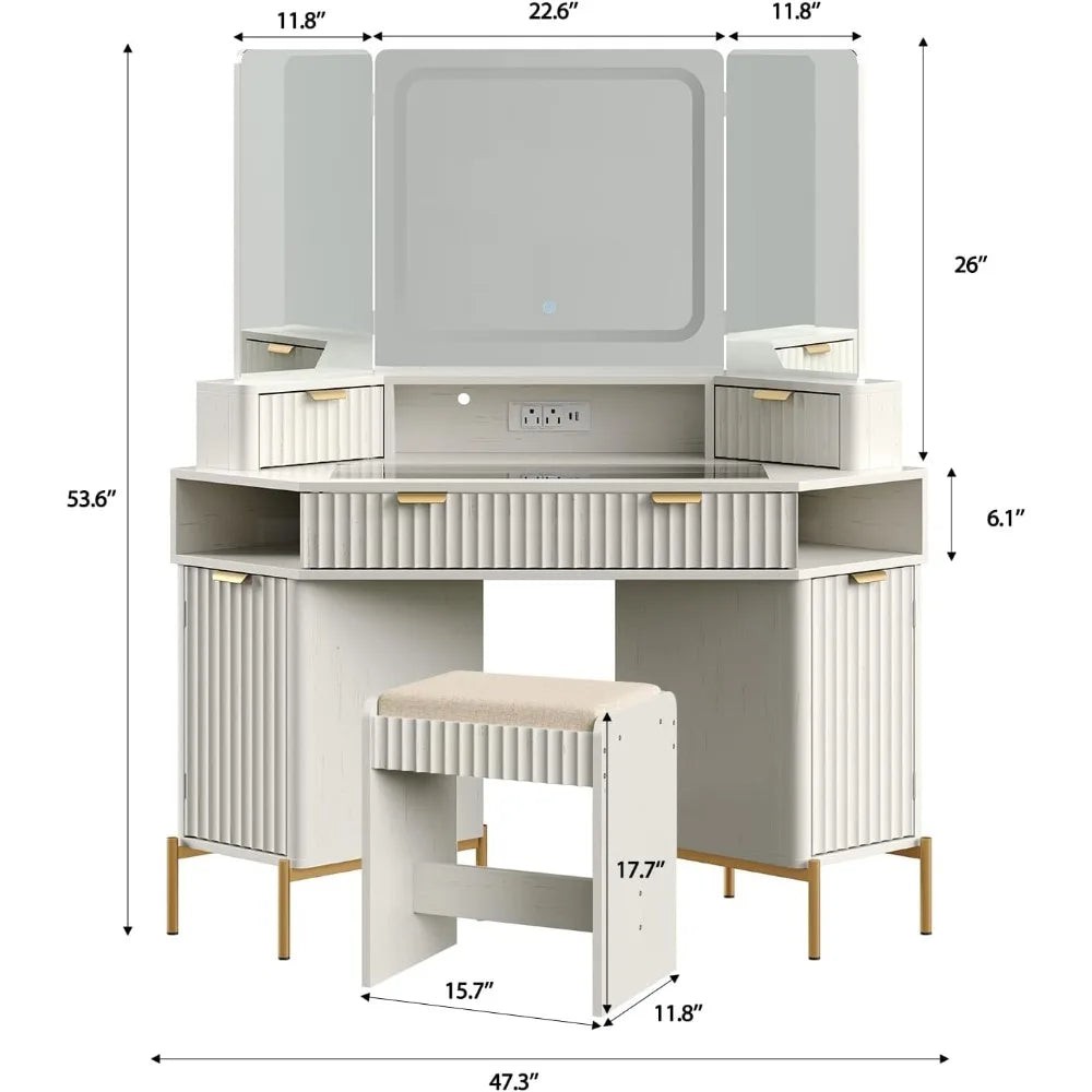 48'' Modern Vanity Desk with HD Triple Mirror & Lights,Large Corner Vanity Table with Glass Top, Charging Station,1Multifunction