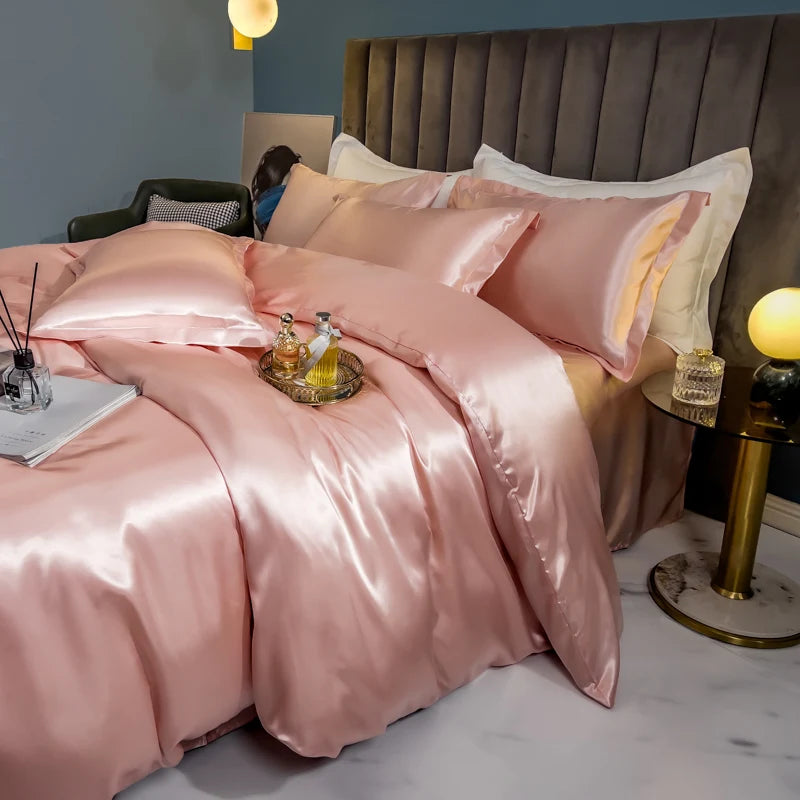 Solid Silk Bedding Set with Duvet Cover Bed Sheet Pillow Case Luxury Single Double Couple Rayon Satin Pillowcases Bedsheet
