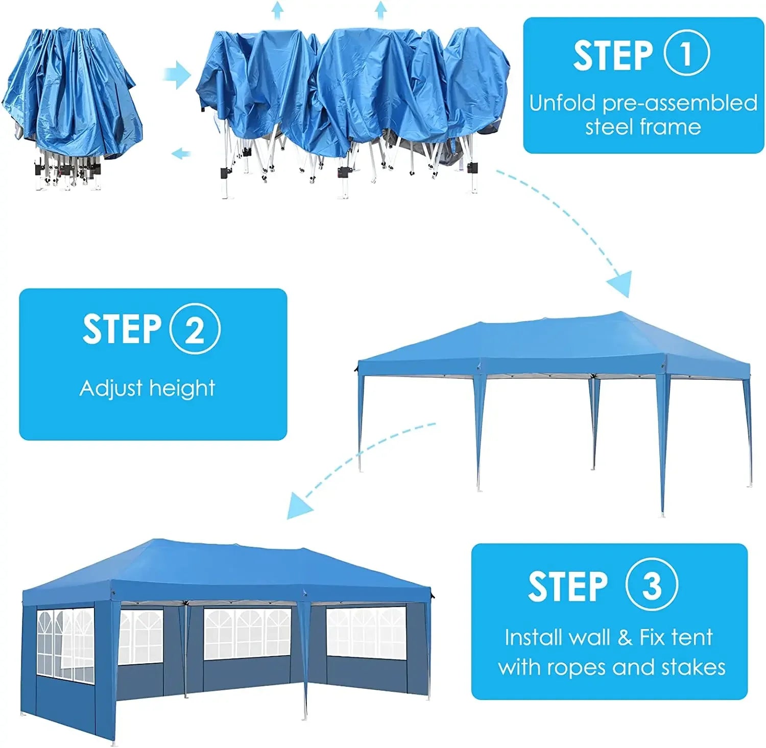 Pavilion Popup Gazebo 3x6m Waterproof Folding Gazebo Tent Party Tent with 6 Side Panels UV 50+ Height Adjustable 2-3M