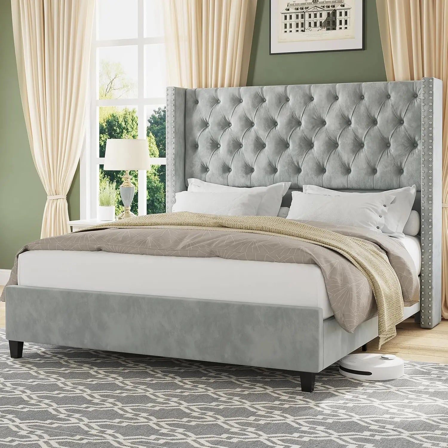 Queen Size Velvet Upholstered Platform Bed – Wingback Nailhead Headboard (Light Grey)