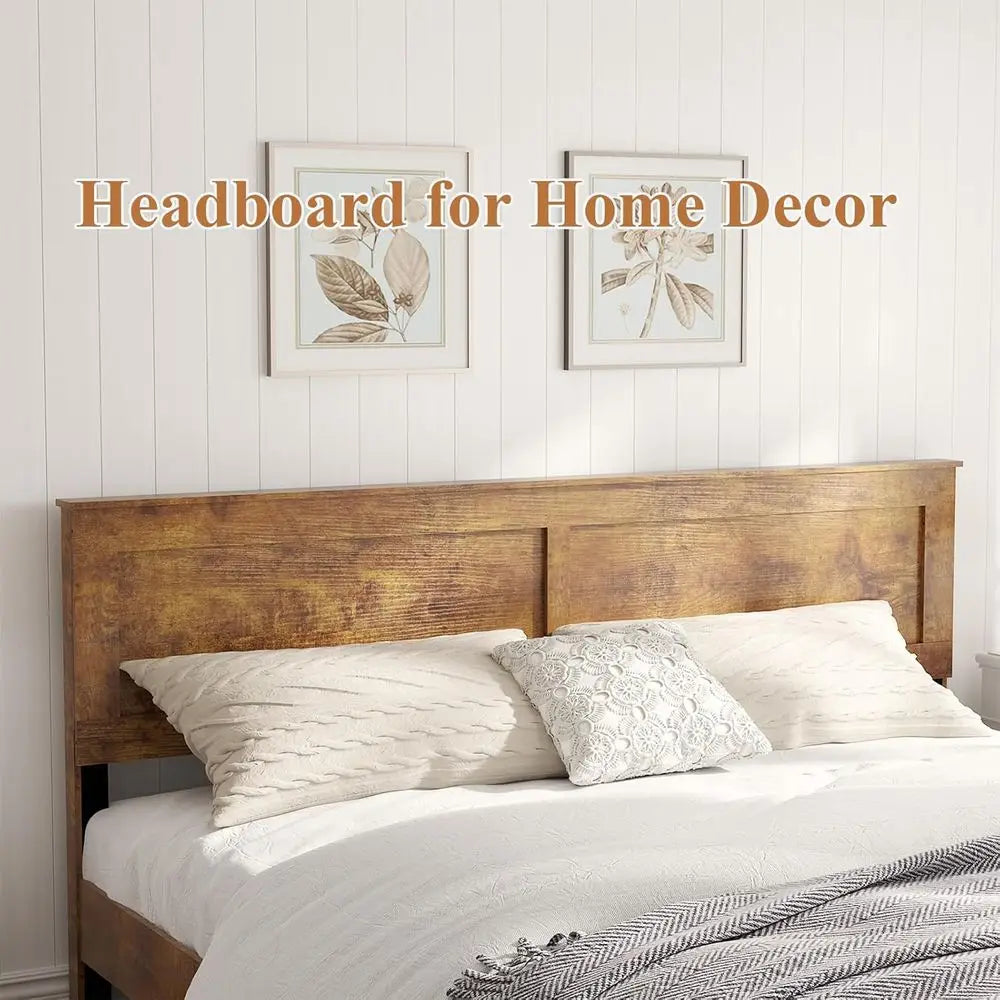 King Size Wooden Farmhouse Platform Bed Frame – Rustic Brown with Headboard