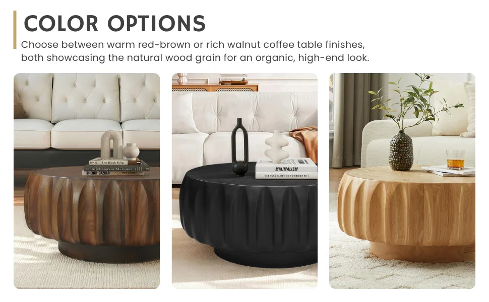 31.5” Round Black Coffee Table – Mid-Century Modern Solid Wood Fluted Center Table