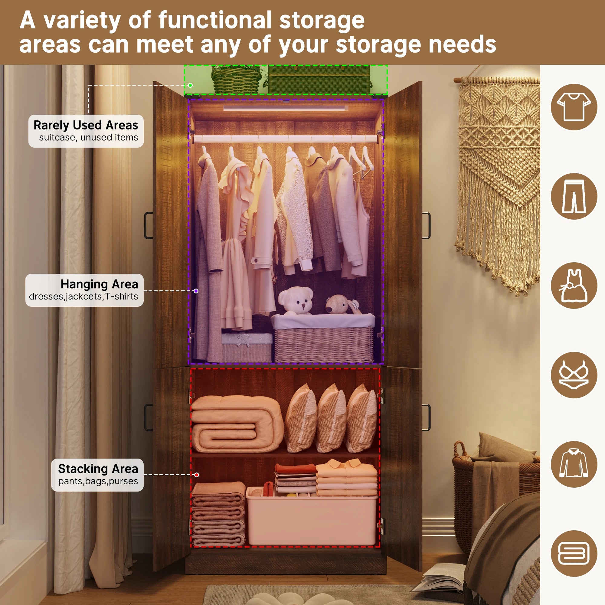 75" Tall Farmhouse 2 Doors Armoire Wardrobe Closet with LED, Freestanding Closet Wardrobe Cabinet for Bedroom