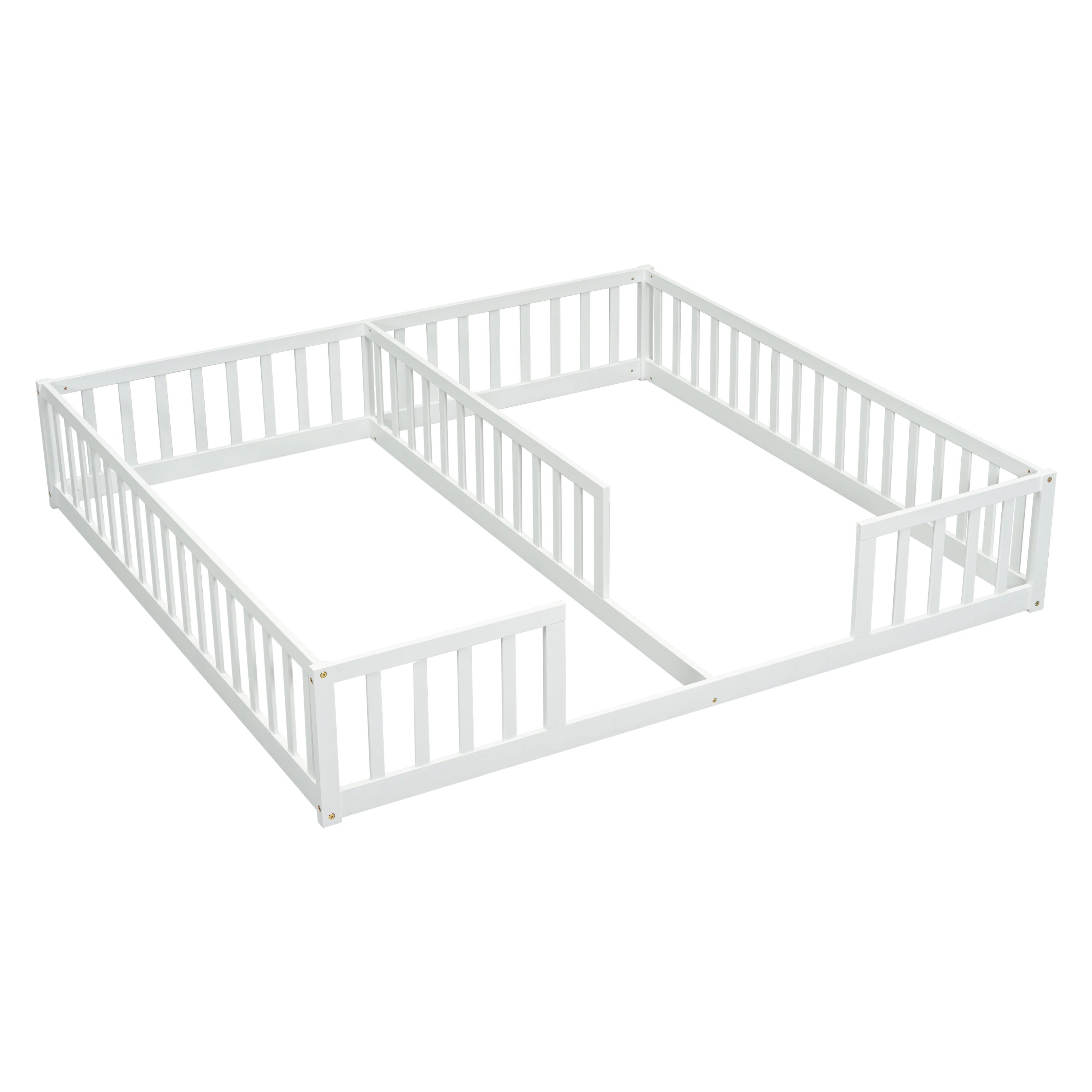 Double Twin Floor Bed with Fence & Guardrails – Doorless Design