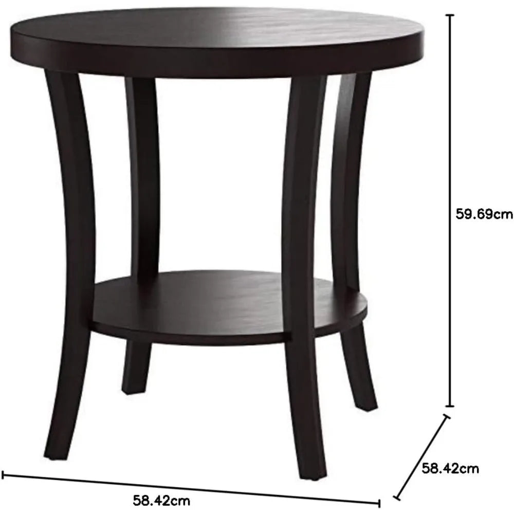Contemporary Espresso-Finished Round End Table with Lower Shelf