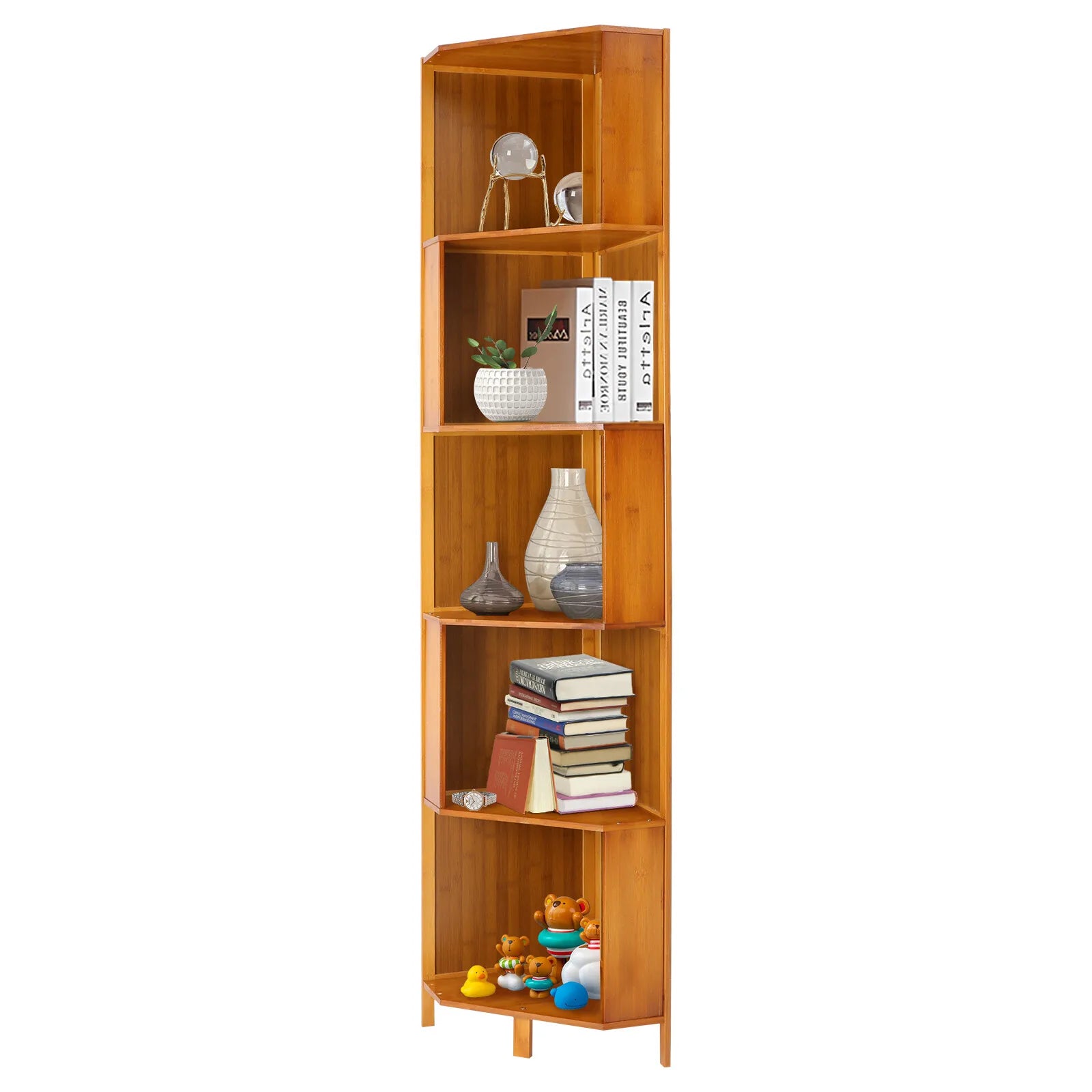 Brown Bamboo Corner Bookshelf – 5-Tier A-Shape Storage Shelf (169 cm)