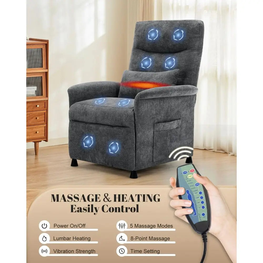 Premium Gray Heated Massage Vibration Electric Reclining Sofa with Side Pocket and Remote for Adult Living Room or Home Theater