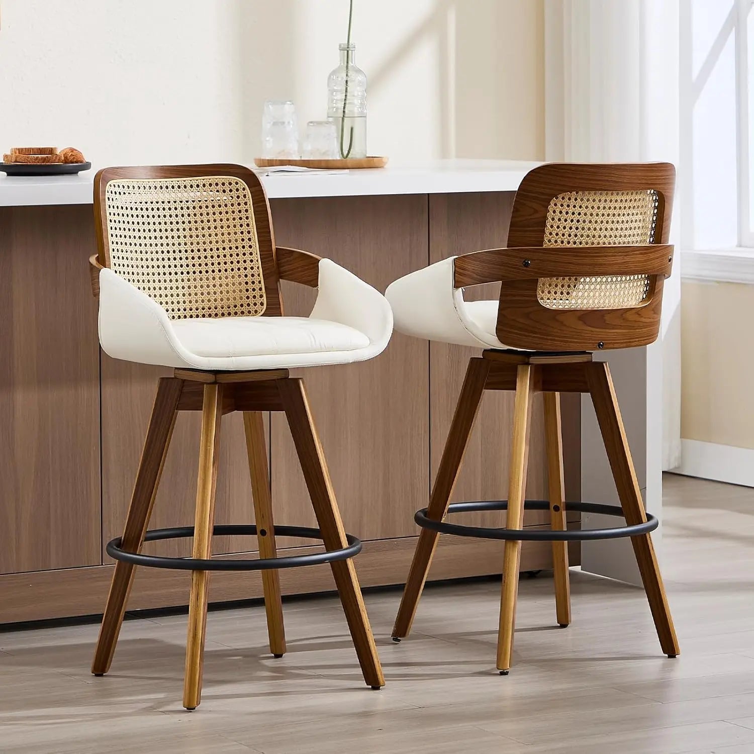Swivel Counter-Height Bar Stools with Arms – Faux Leather & Rattan Back (Beige)