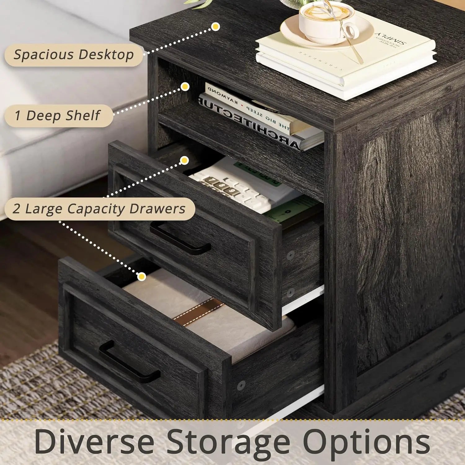 LIKIMIO Farmhouse Nightstand with Storage Drawers & Open Shelf, Small and Tables Living Room,Rustic Wood Side Tables for Bedroom