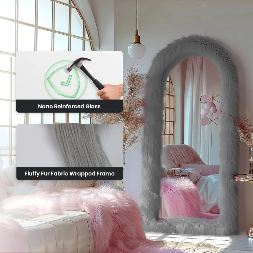 Free Standing Shaggy Faux Fur Framed Full Length Mirror for Bedroom, Wall Mount or Leaning Option