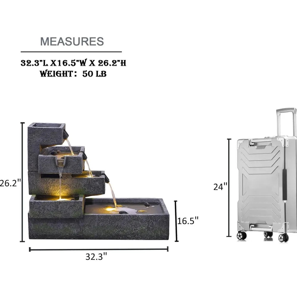 Tiered Water Fountain Outdoor Garden - Waterfall Indoor Freestanding Cascade Fountain Concrete Artistry Modern Style with LED Li