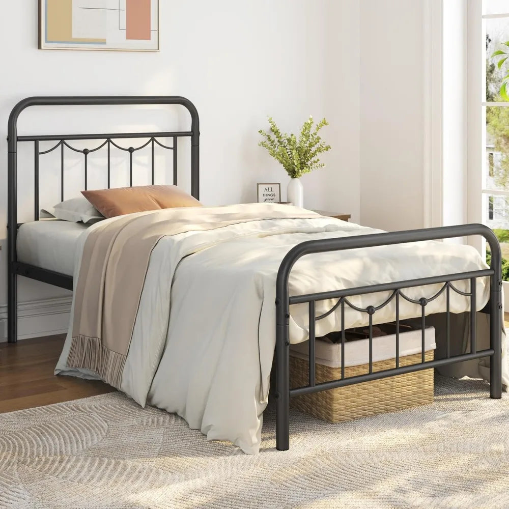 Vintage Farmhouse Twin Metal Bed Frame with Headboard, Heavy Duty Steel Slats, Under-Bed Storage, No Box Spring Needed, Black
