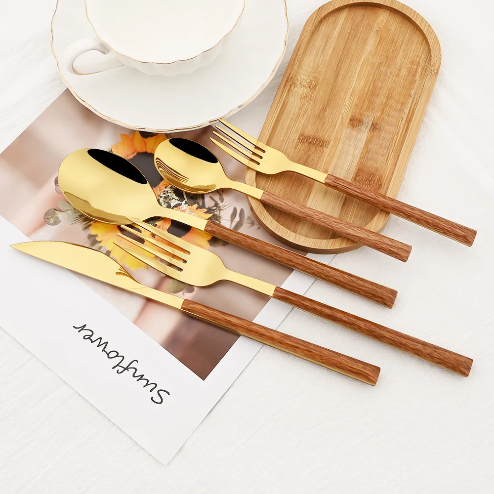 20Pcs Creative Rose Tableware Imitation Wood Handle Cutlery Set Knife Dessert Fork Spoon Dinnerware Set Stainless Steel Flatware