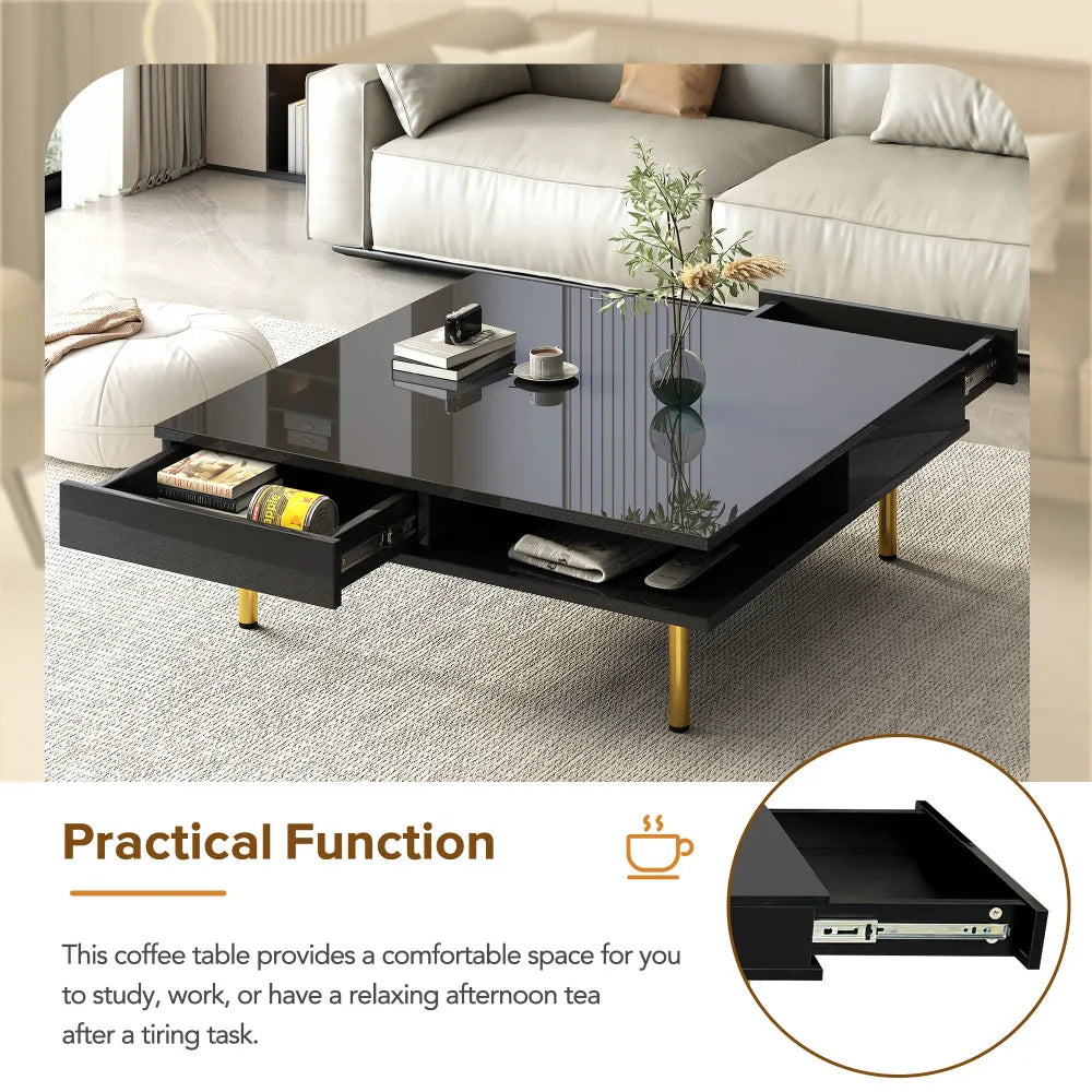 Exquisite High-Gloss Coffee Table – Square 2-Tier Center Table with Gold Legs & Dual Drawers (Black)