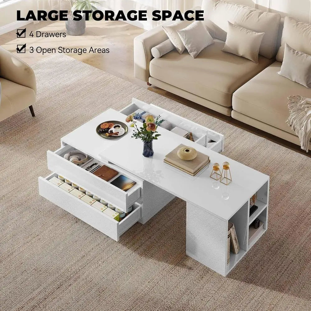 Modern Rectangular LED Coffee Table – White Extendable Center Table with 4 Storage Drawers