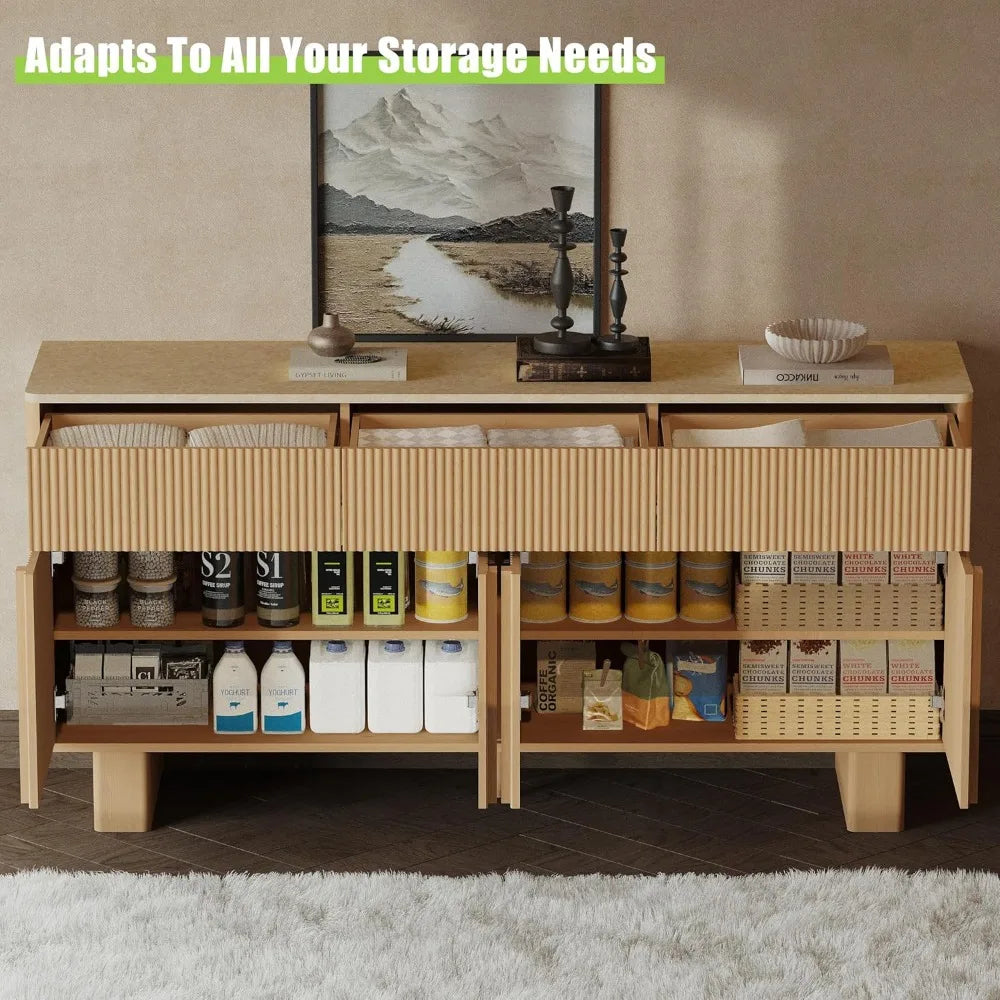 63" Wide Sideboard Buffet Cabinet with Storage, Modern Buffet with 3 Drawers and 4 Doors, Storage Cabinet with 2 Reinforced Legs