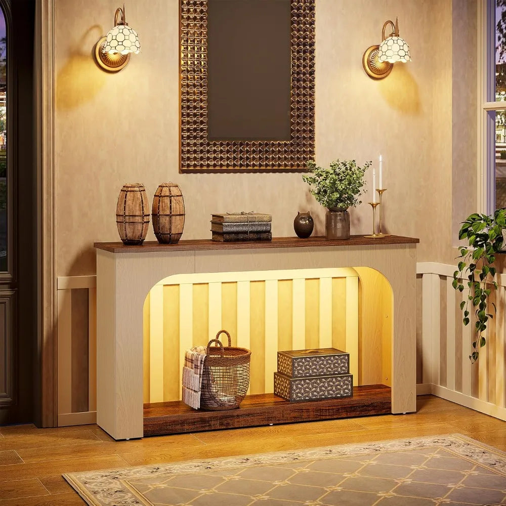 55-Inch Console Table with LED Lights, Farmhouse 2-Tier Narrow Sofa Table with Storage, Wood Foyer Entryway Behind Co