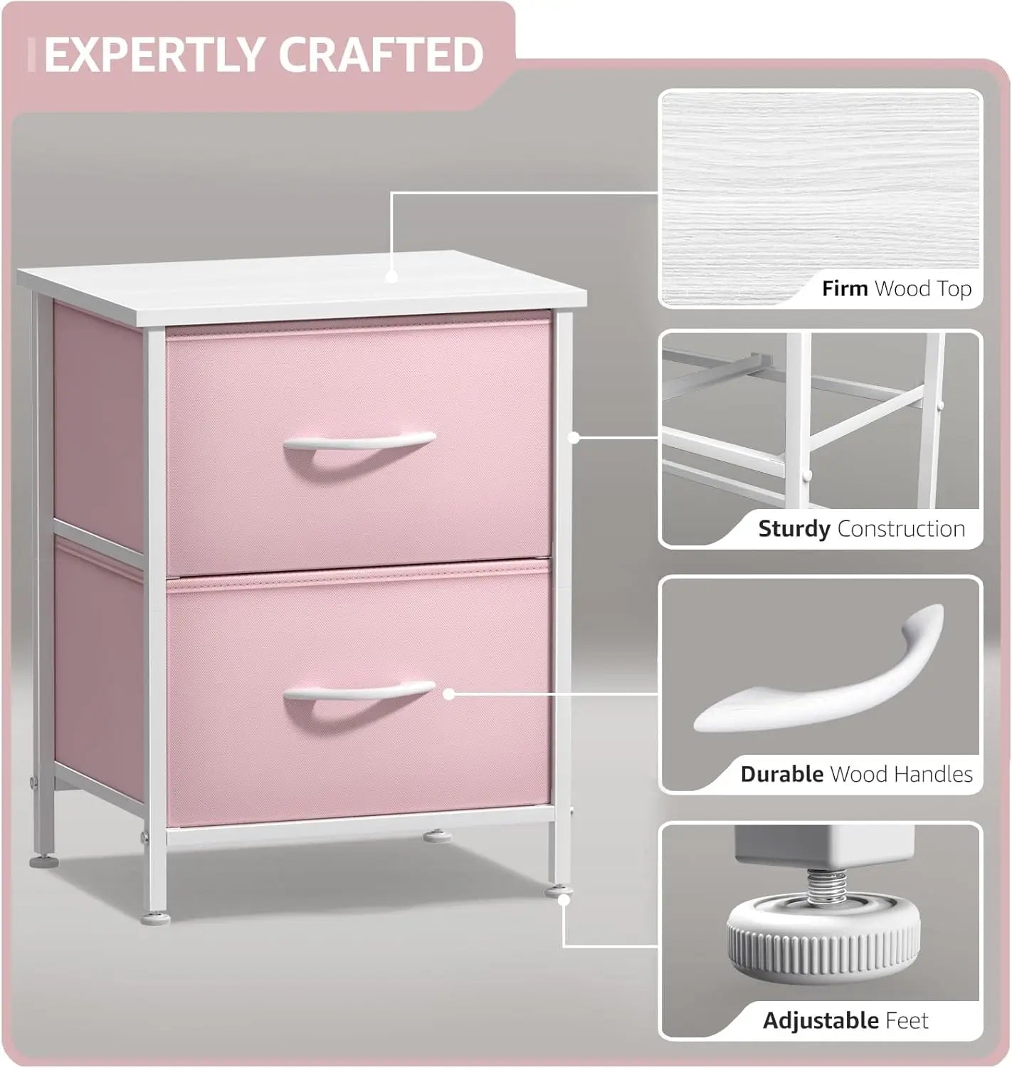 Sorbus Nightstand with 2 Drawers - Kids Bedside Furniture End Table Night Stand - Steel Frame, Wood Top & Easy Pull Fabric Bins