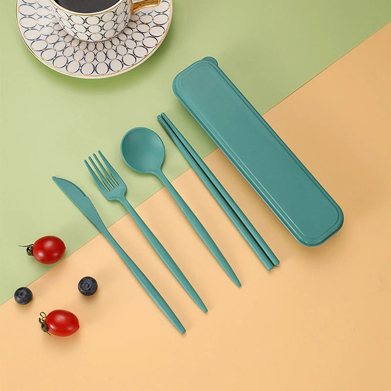 4Pcs Travel Cutlery Sets Portable Tableware Set With Box Chopsticks Fork Spoon Knife Wheat Straw Dinnerware Picnic Cutlery