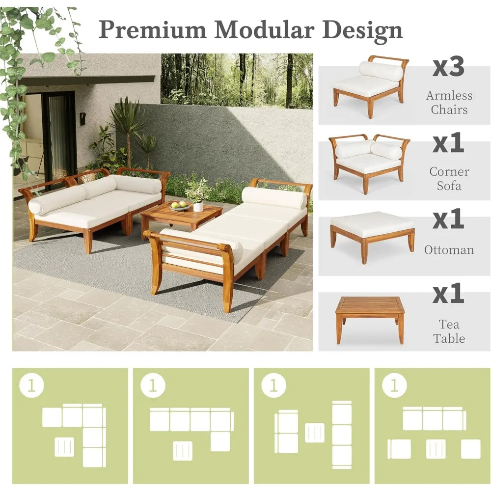 Outdoor Patio L-Shaped Sectional Sofa Set with Acacia Wood and Coffee Table for Conversation Seating