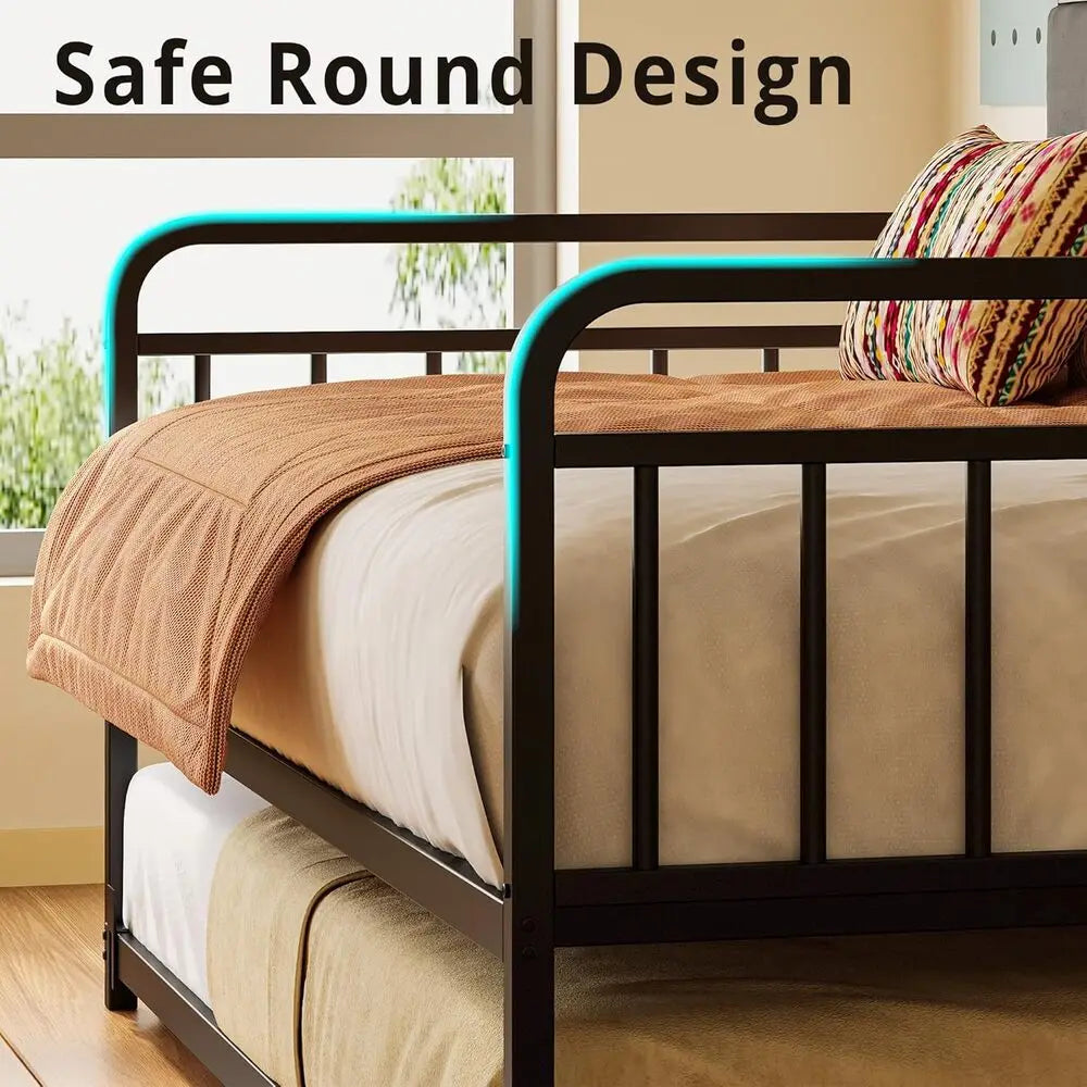 Metal Daybed with Trundle – Upholstered Headboard & Charging Station (Full / Twin XL)