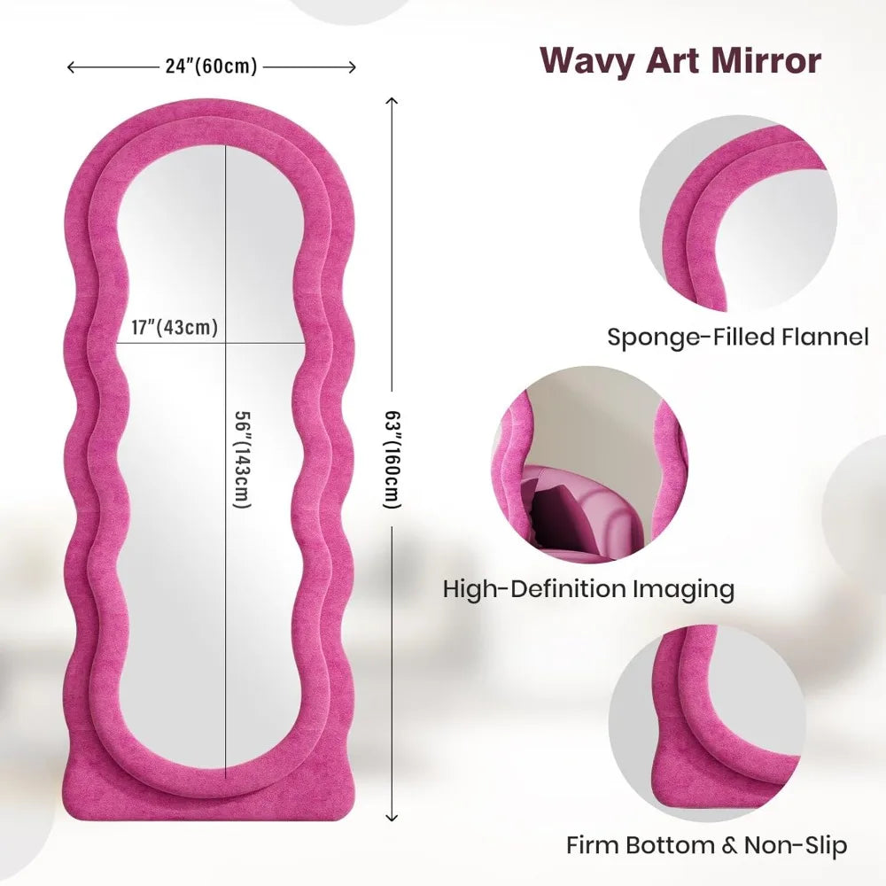Arched Wavy Full Body Wall Mirror 63x24 Inches - Hot Pink Flannel Frame, Leaning or Hanging Wall Mount Option