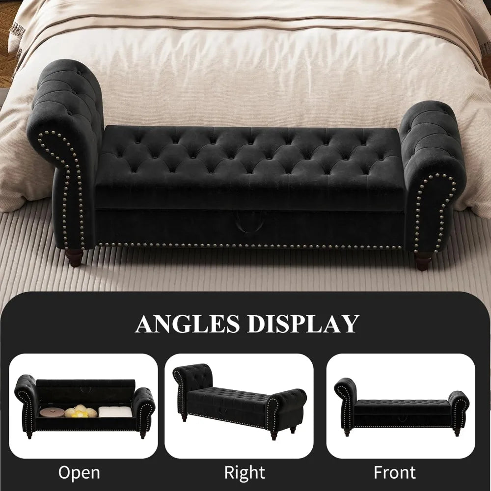 Mid-Century Velvet Storage Ottoman Bench – Black Tufted with Rolled Arms