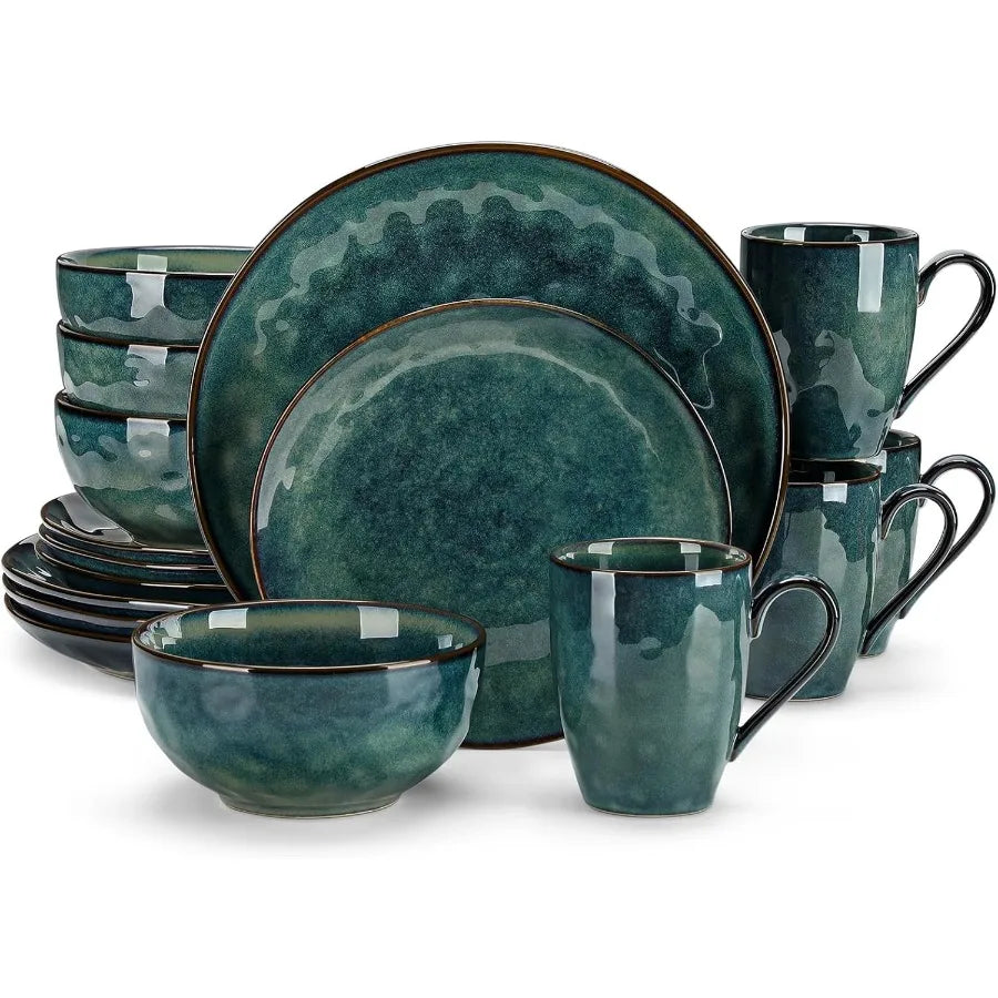 Starry 16 Pieces Green Dinnerware Set Reactive Glaze Dinner Sets Plates and Bowls Set for 4 16 Pcs Ceramic Dish Set Stoneware