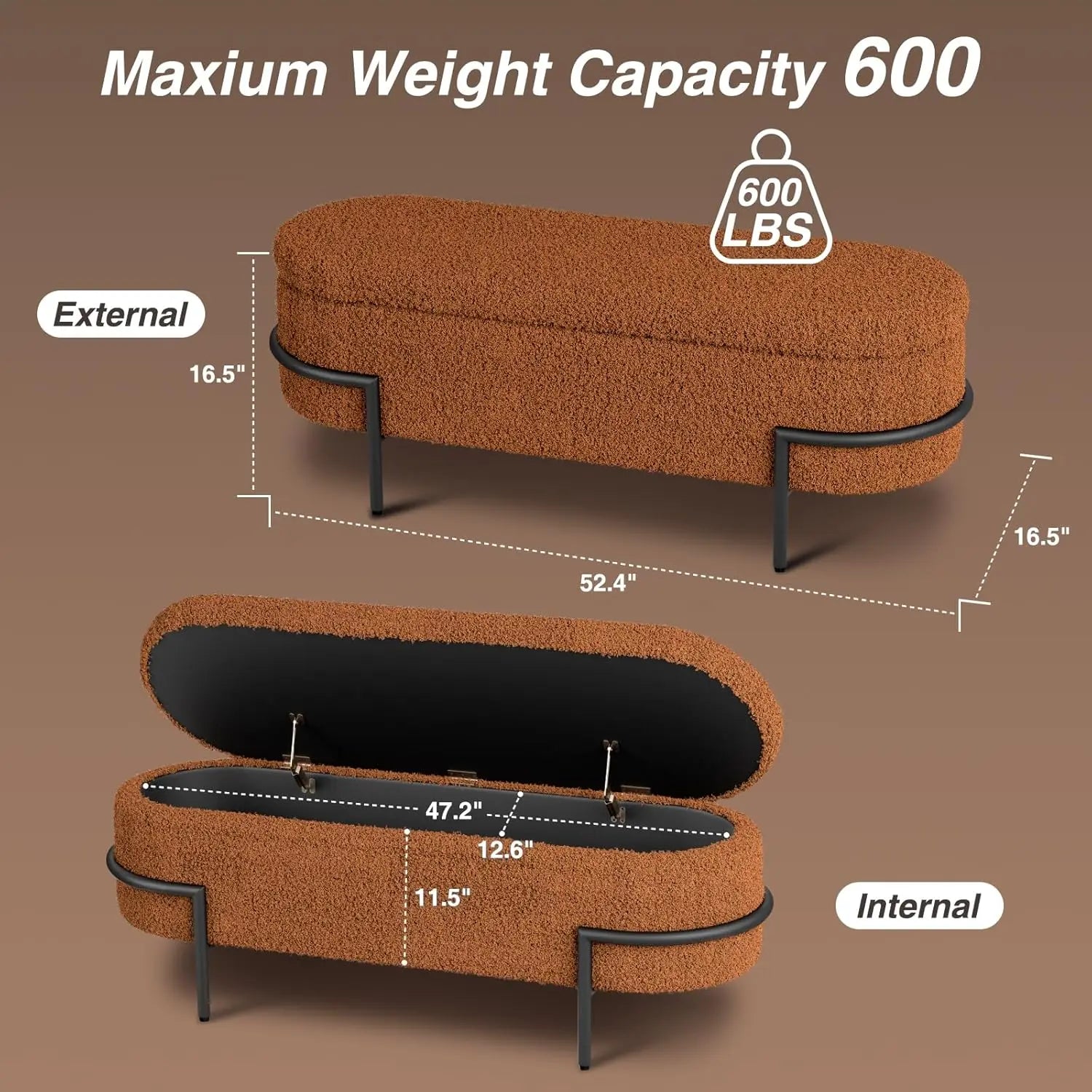 Sherpa Upholstered Storage Ottoman Bench – Metal Stand Living Room Bench