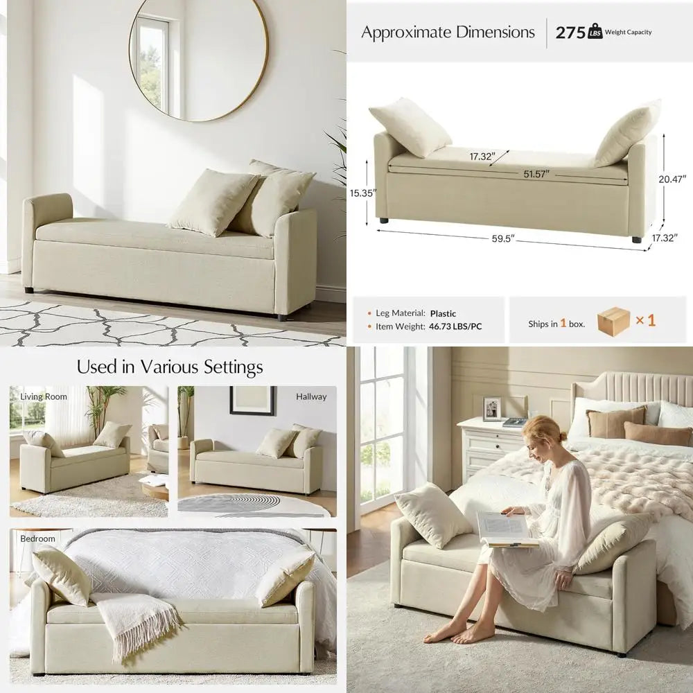 Contemporary Storage Ottoman Bench with Arms – Plush Pillow Footrest