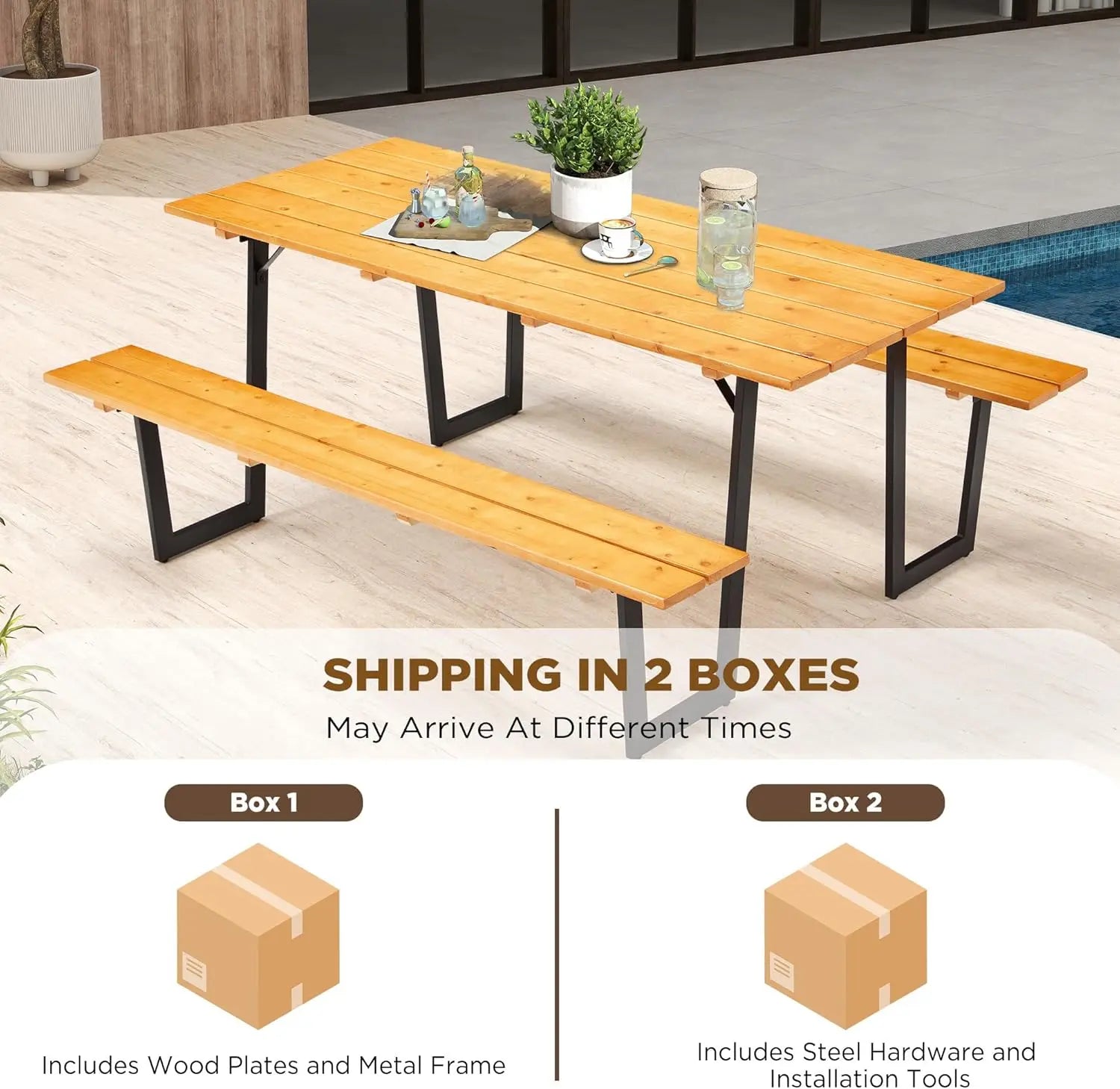 70" Wood Picnic Table for Outdoor, Rectangle Patio Dining Table and Bench Set, Heavy-Duty Picnic Beer Table Bench Set