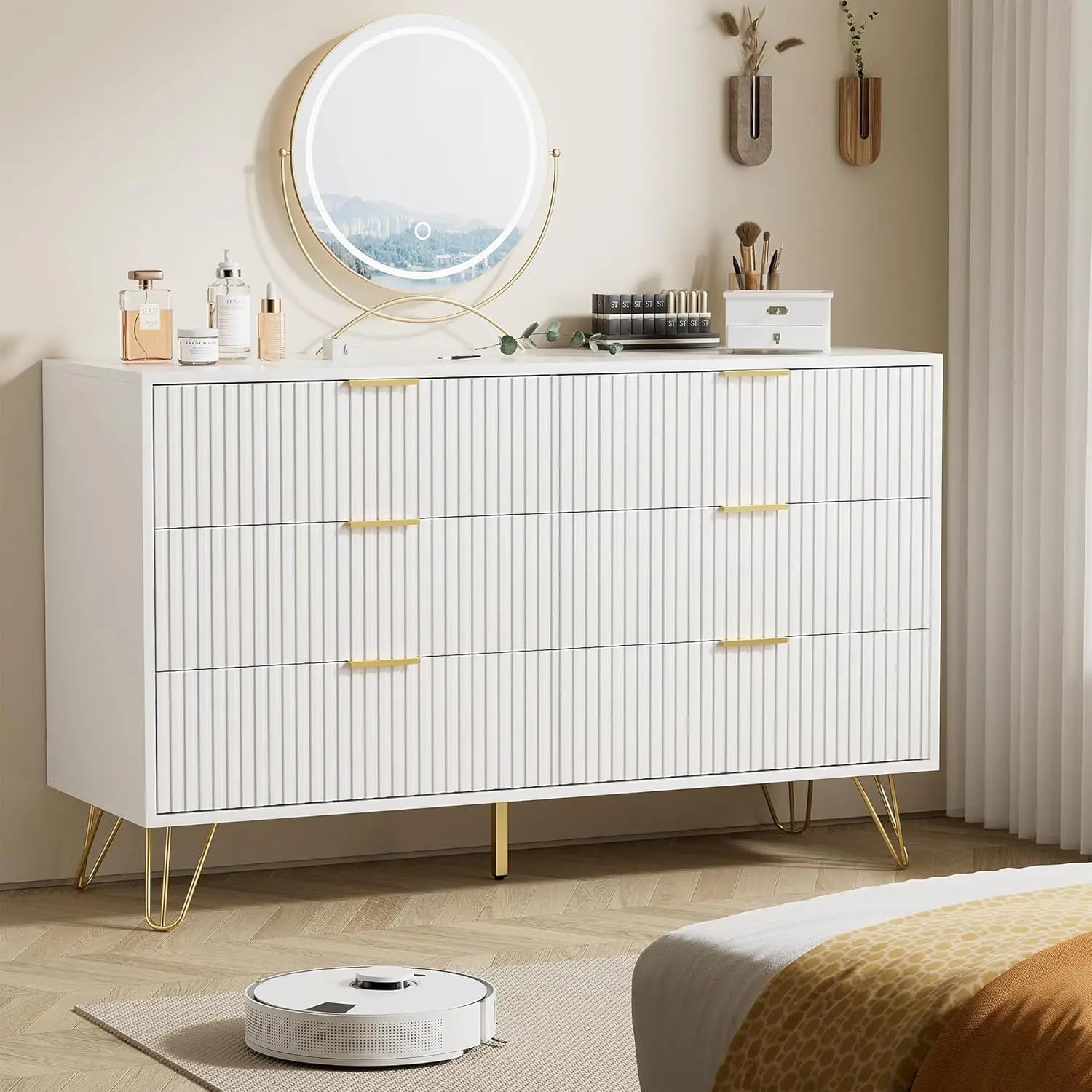 White Modern Dresser with Gold Handles, 47.2'W