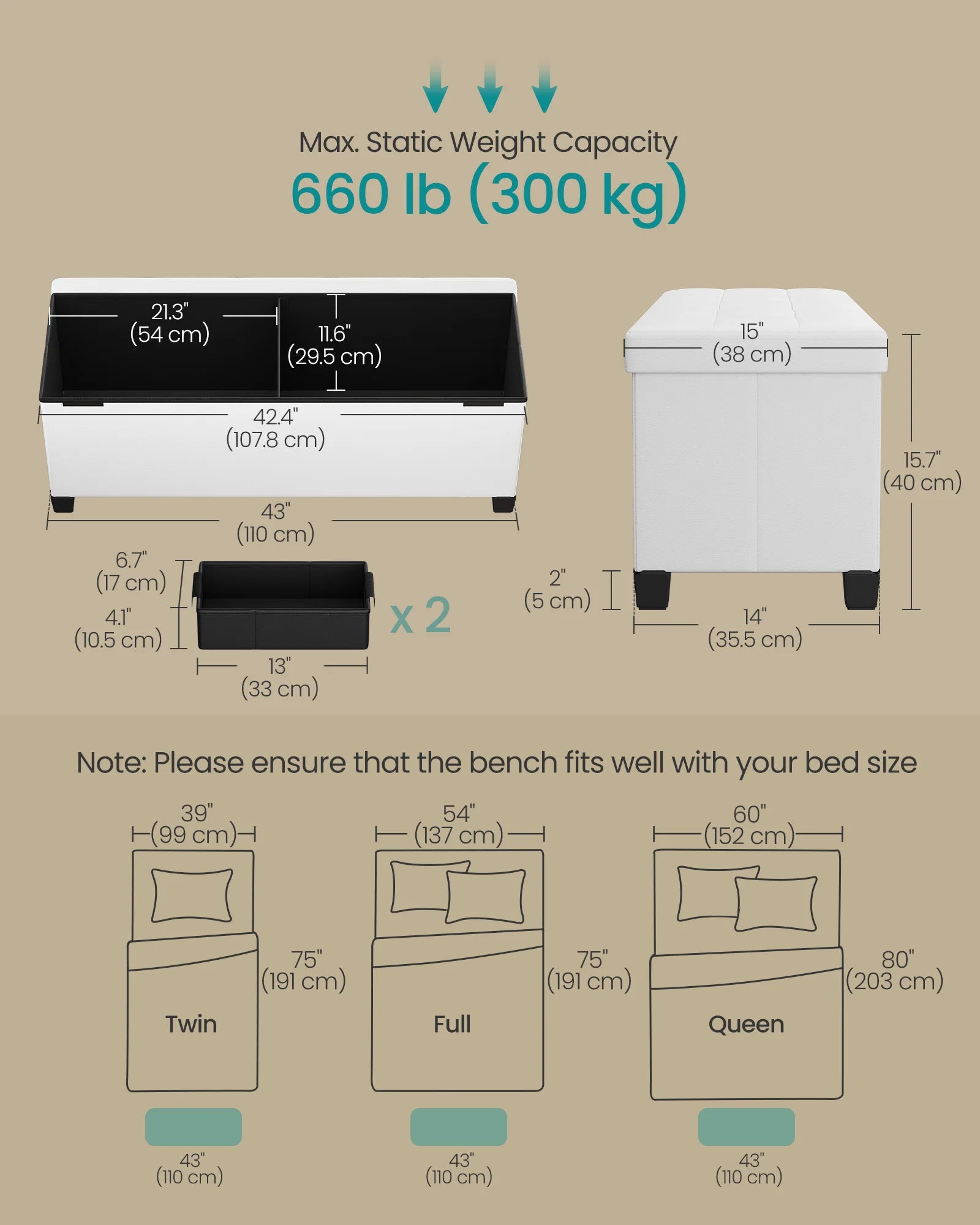 Storage Ottoman Bench with Legs – Synthetic Leather (43″)