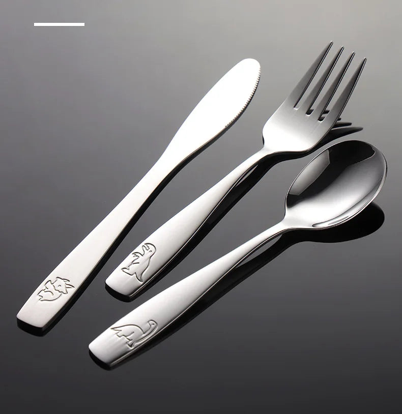 304 Stainless Steel Children's Tableware Set with Pieces Featuring Dinosaur Patterns, Affordable Including Knives Forks Spoons