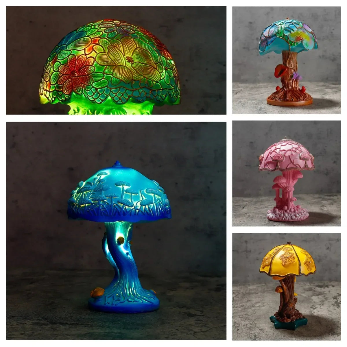 Creative Stained Plant Series Table Lamps Resin Colorful Bedroom Bedside Flower Mushroom Retro Table Night Lamp Atmosphere Light