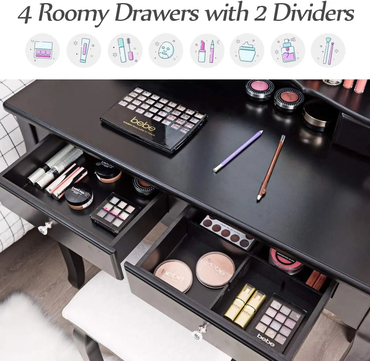 Vanity Set with Tri-Folding Mirror, 4 Drawers, Cushioned Stool - Modern Makeup Table for Girls & Women (Black)