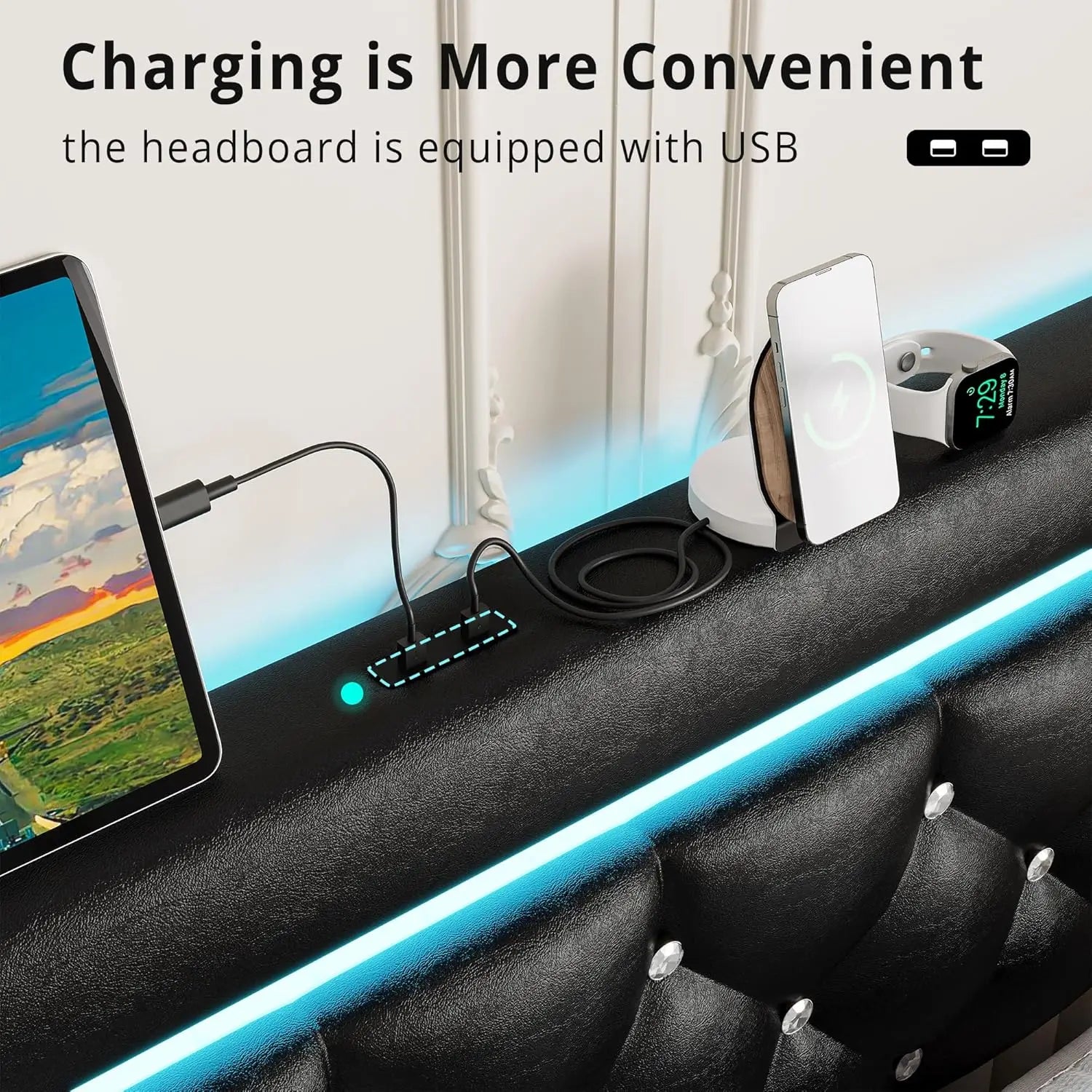 Full Size PU Leather Bed Frame with LED Light – Platform Bed with 4 Storage Drawers (Black)