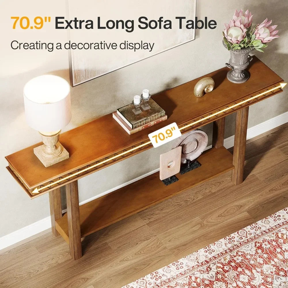 Extra Long Solid Wood Console Table 2-Tier Sofa Table Narrow Entryway Accent Table with Storage for behind Couch Living Room